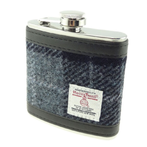 Harris Tweed 6oz Hip Flask In Grey & Black Tartan