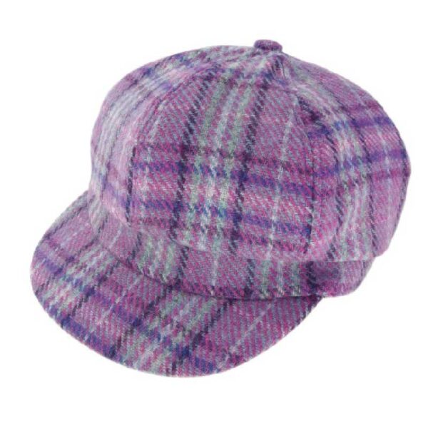 Harris Tweed Ladies One-Size Cap in Purple & Mint Check