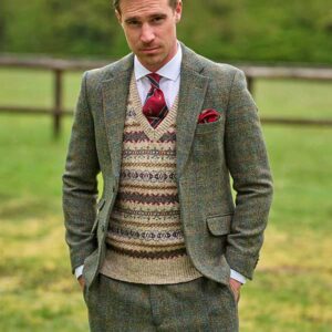 Harris Tweed Jacket "London" In Oliv-Blue Overcheck