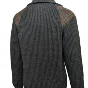 Chunky Knit 5 Gauge Quarter Zip With Harris Tweed patches Moss Green