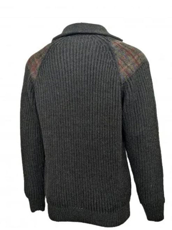 Chunky Knit 5 Gauge Quarter Zip With Harris Tweed patches Moss Green