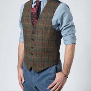 Harris Tweed Vestje "Tailor" Zonder Revers In Red-Blue Check