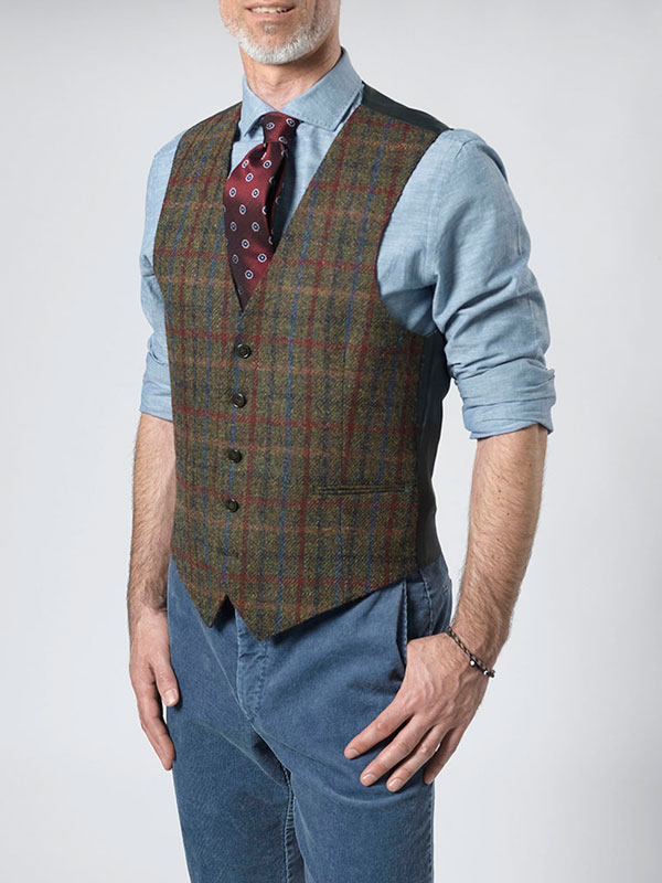 Harris Tweed Vestje "Tailor" Zonder Revers In Red-Blue Check
