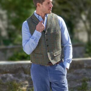 Harris Tweed Vestje "Wales" Met Revers In Green Castle