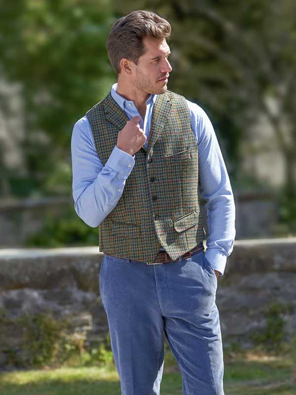 Harris Tweed Vestje "Wales" Met Revers In Green Castle