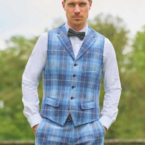 Harris Tweed Vestje "Wales" Met Revers In Jeans Herringbone