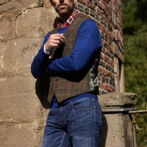 Harris Tweed Vestje "Tailor" Zonder Revers In Red-Blue Check