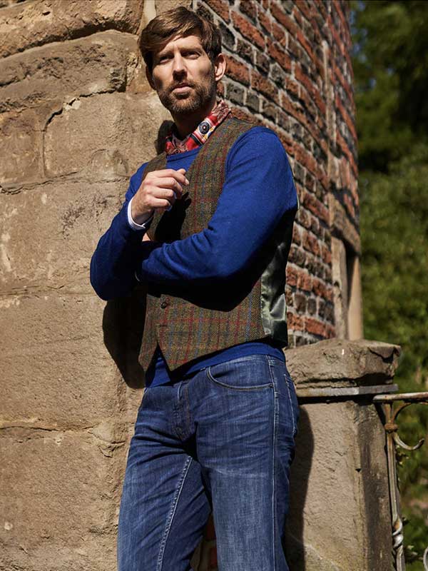 Harris Tweed Vestje "Tailor" Zonder Revers In Red-Blue Check