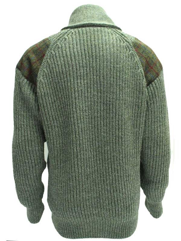 Chunky knit Shawl Collar Sweater with Harris Tweed patches Derbytweed