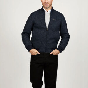 Harris Tweed Baseball Jacket Joe, Navy Herringbone