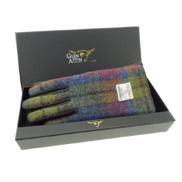 Ladies Brown Leather & Harris Tweed Gloves Boxed in Multi Tartan