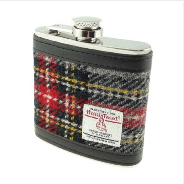 Harris Tweed 6oz Hip Flask In Grey & Red Tartan