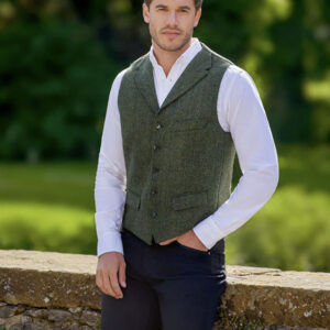 Harris Tweed Vestje "Wales" Met Revers In Green Island Herringbone