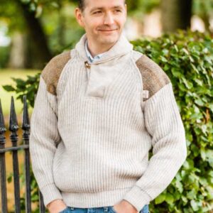 Chunky knit Shawl Collar Sweater with Harris Tweed patches Light Grey Welsh