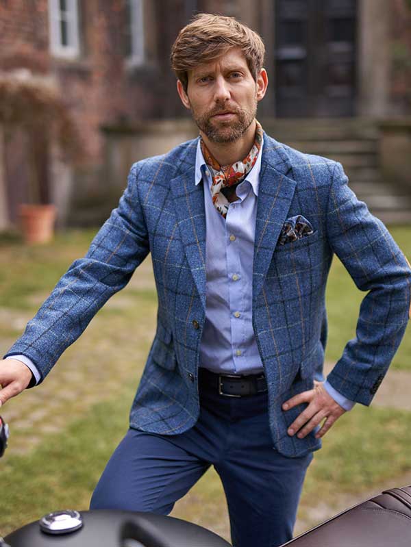 Harris Tweed Jacket "London" In Blue Overcheck