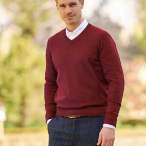 Pullover Lambswool "Jack" Met Harris Tweed Details In Red Dahlia