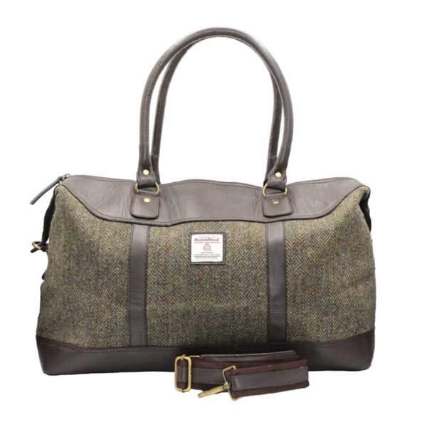 Harris Tweed Brodie Leather Travel Bag Green Brown Herringbone