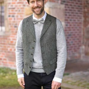 Harris Tweed Vestje "Wales" Met Revers In Black Herringbone