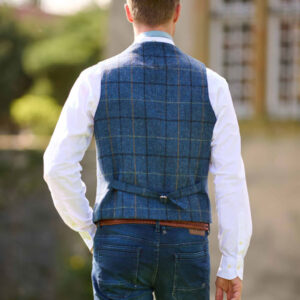 Harris Tweed Vestje "Wales" Met Revers In Blue Overcheck
