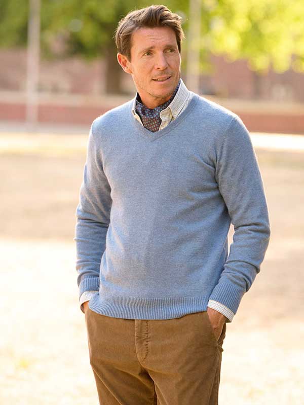 Pullover Lambswool "Jack" Met Harris Tweed Details In Blue