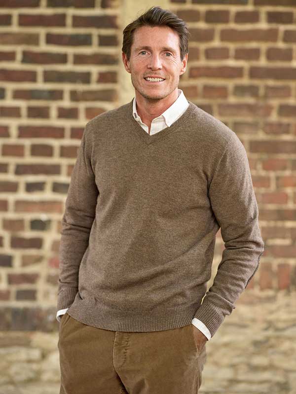 Pullover Lambswool "Jack" Met Harris Tweed Details In Nutmeg
