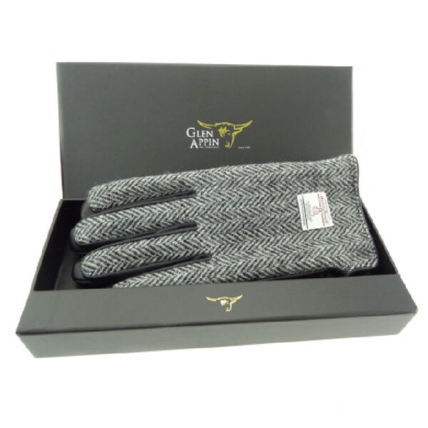 Gents Black Leather & Harris Tweed Gloves Boxed in Black White Herringbone