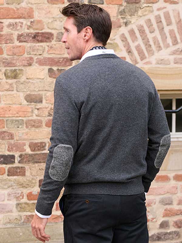 Pullover Lambswool "Jack" Met Harris Tweed Details In Charcoal