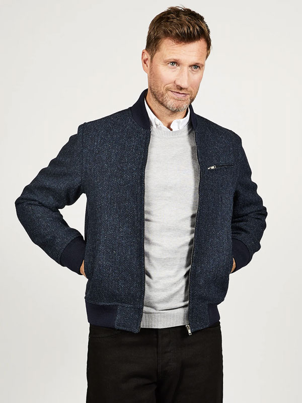 Harris Tweed Baseball Jacket Joe, Navy Herringbone