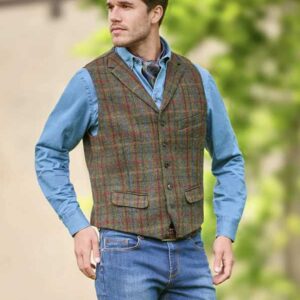 Harris Tweed Vestje "Wales" Met Revers In Red-Blue Check