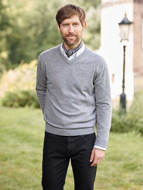 Pullover Lambswool "Jack" Met Harris Tweed Details In Cloud Grey