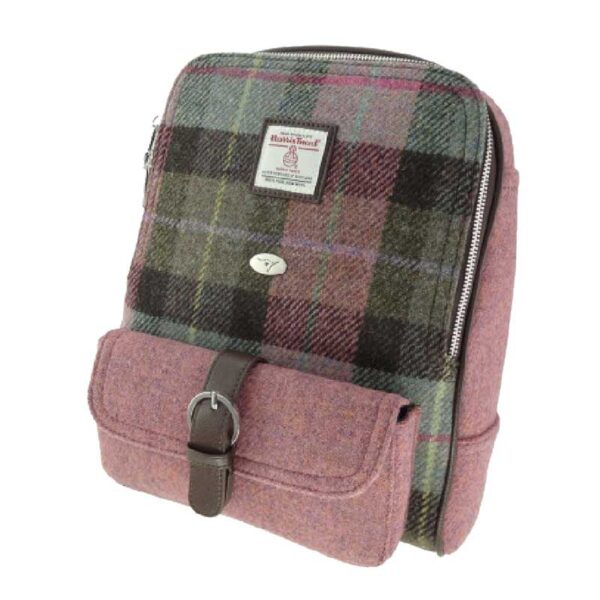 Harris Tweed 'Naver' Backpack in Muted Green & Rose Pink Tartan