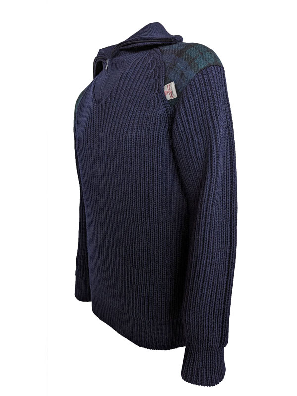 Zip sweater with Harris Tweed patches Navy