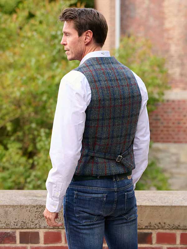 Harris Tweed Vestje "Wales" Met Revers In Royal Check