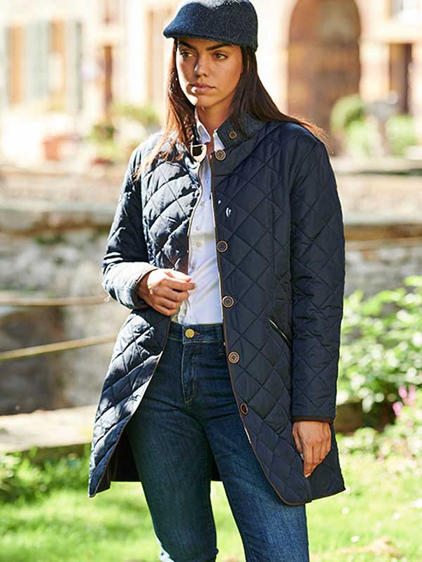 Dames Steppmantel Gabby Met Tweedbekleding In Navy