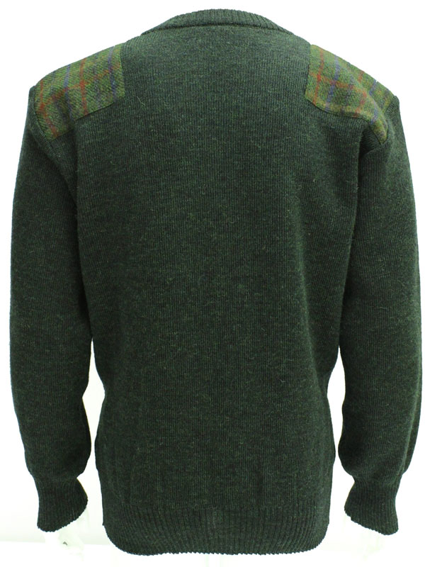 Vee neck sweater with Harris Tweed patches Mossgreen