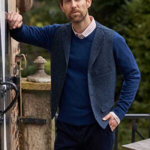 Harris Tweed Vestje "Wales" Met Revers In Blue Herringbone