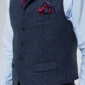 Harris Tweed Vestje "Wales" Met Revers In Blue Herringbone