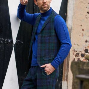 Harris Tweed Vestje "Wales" Met Revers In Blackwatch