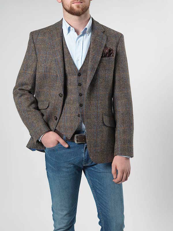 Harris Tweed Jacket "London" In Green-Blue Herringbone