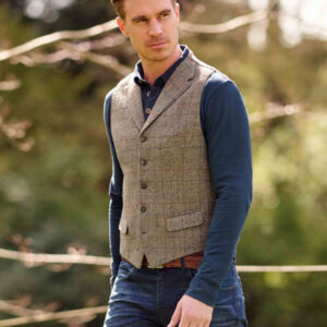 Harris Tweed Vestje "Wales" Met Revers In Walnut Check
