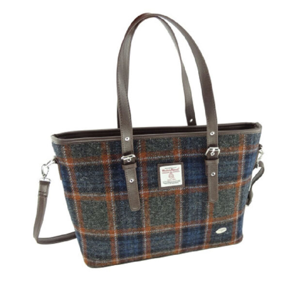 Harris Tweed 'Spey' Tote Bag' In Grey with Rust Overcheck