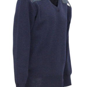 Vee neck sweater with Harris Tweed patches Navy