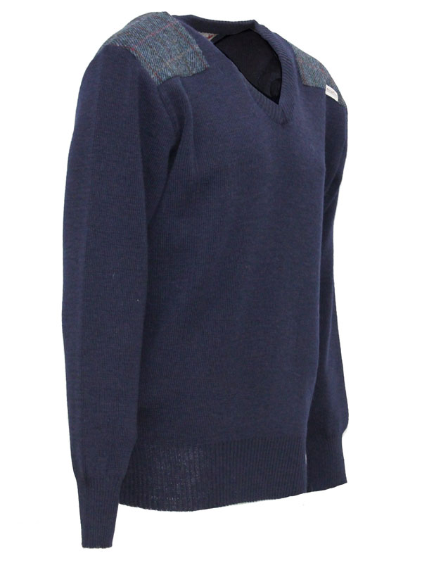 Vee neck sweater with Harris Tweed patches Navy