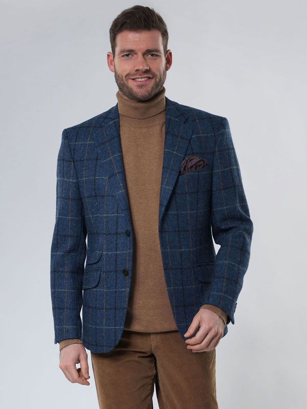 Harris Tweed Jacket "London" In Blue Overcheck