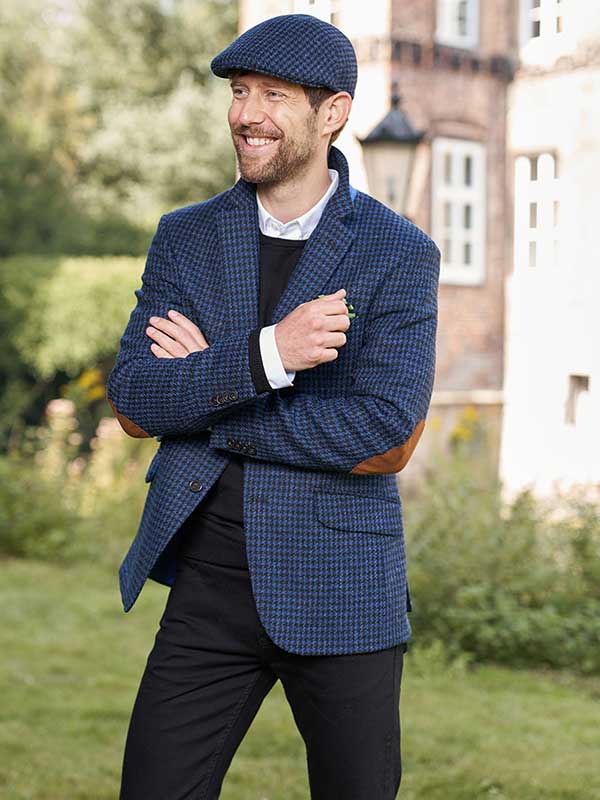 Harris Tweed Jacket "London" In Blue-Black Houndstooth