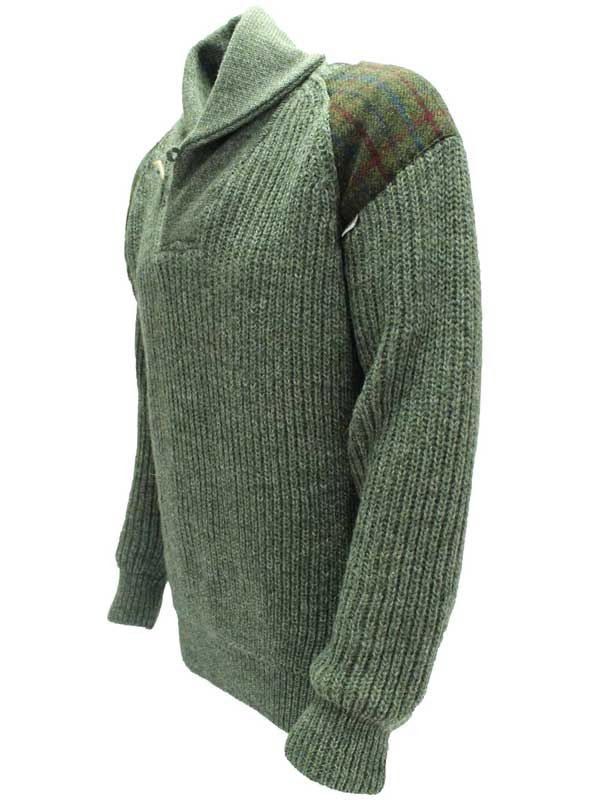 Chunky knit Shawl Collar Sweater with Harris Tweed patches Derbytweed