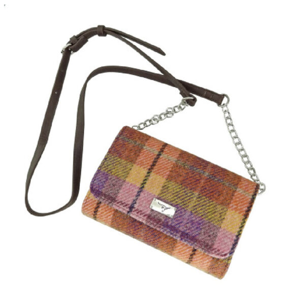 Harris Tweed 'Strathy' Wallet Shoulder Bag in Peach & Purple Tartan