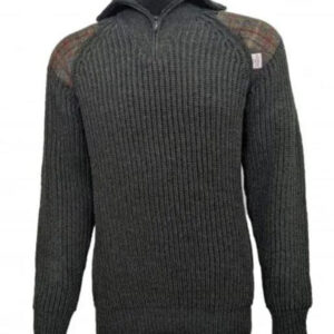 Chunky Knit 5 Gauge Quarter Zip With Harris Tweed patches Moss Green