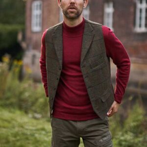 Harris Tweed Vestje "Wales" Met Revers In Green Overcheck