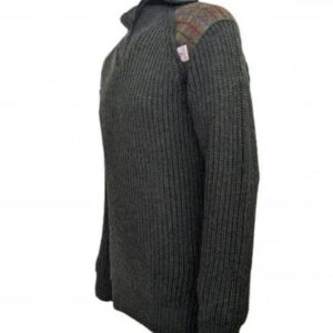 Chunky Knit 5 Gauge Quarter Zip With Harris Tweed patches Moss Green